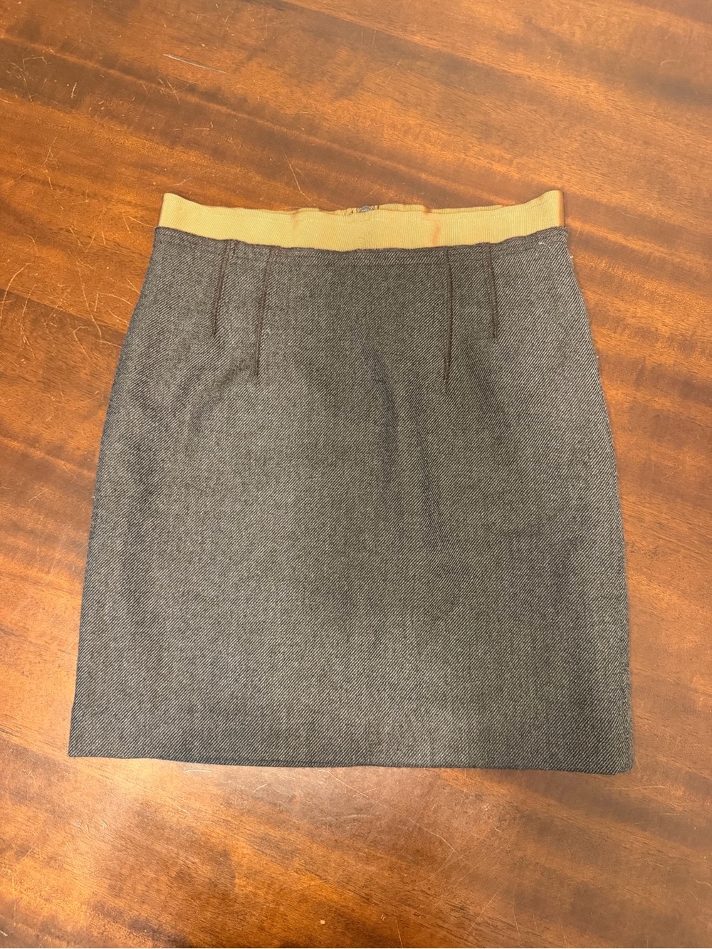 LOFT Gray Herringbone Pencil Skirt with brown Waistband